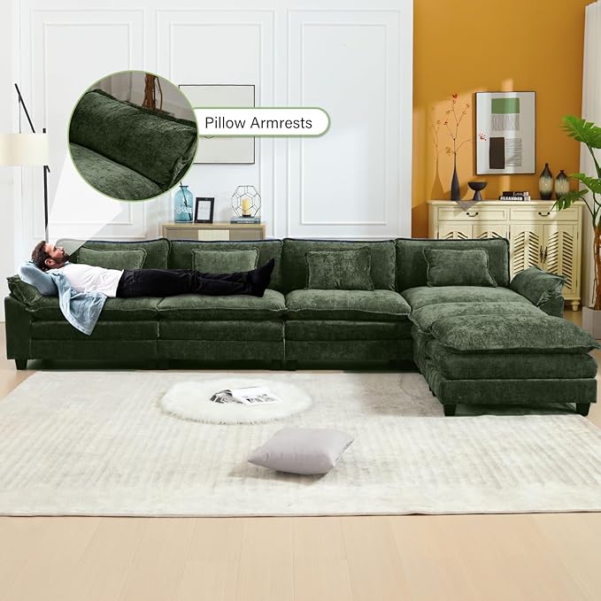 Oprisen 154" Modular Sectional Sofa, Comfy Cloud Couch Sectional Sofa with Ottoman, Chenille Sofa Sleeper Deep Seat Sofa with Throw Pillows for Living Room (Green, 154"- U Shape)