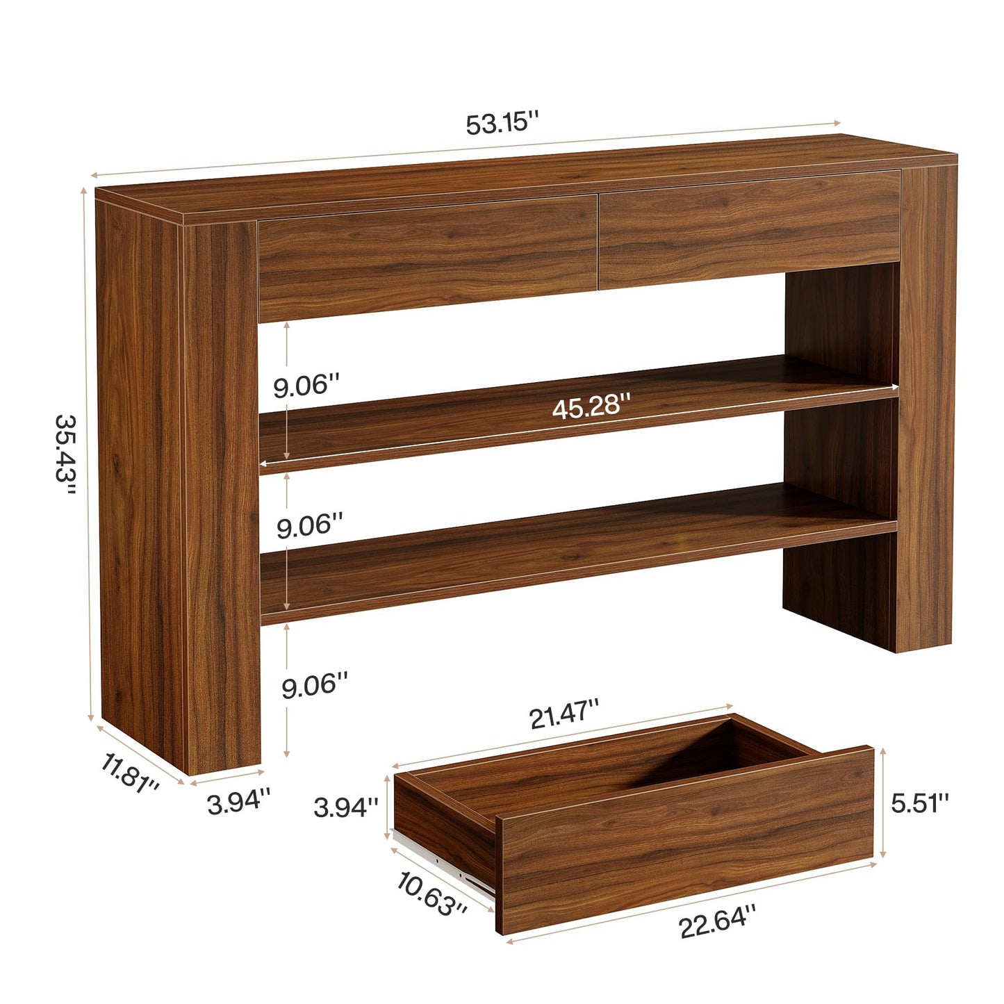 Tribesigns 53.15-Inch Console Table with 2 Drawers, 3-Tier Entryway Table with Storage for Living Room, Sofa Console Behind The Couch for Foyer, Hallway, Entrance (Dark Walnut)