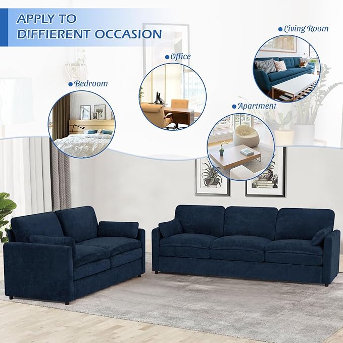 ACMEASE 89” Chenille Sofa w/Arm Pillows, Upholstered 3-Seater Sofa w/Comfortable Back Cushions, Modern 3 Seats Couch w/High-Density Foam for Living Room, Apartment, Office, Blue