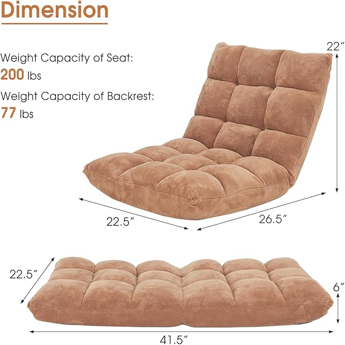 MAT EXPERT 14-Position Floor Chair, Floor Gaming Chair w/Soft Coral Fleece, Alloy Steel Frame, Padded Lazy Couch Recliner, Floor Chair with Back Support for Reading, Meditating, Playing Game (Beige)