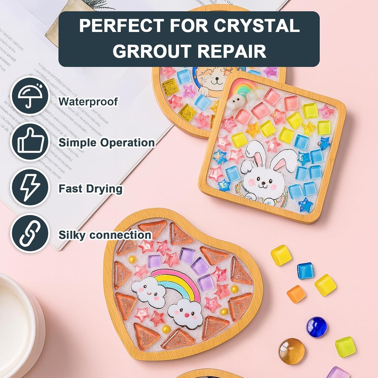 Professional Mosaic Grout for Crafts Black 200g - Quick-Dry Crystal Tile Grout with Contrast Color Technology, DIY Art Supplies for Mosaic Glass Decor, Handmade Gifts & Home Improvement Projects