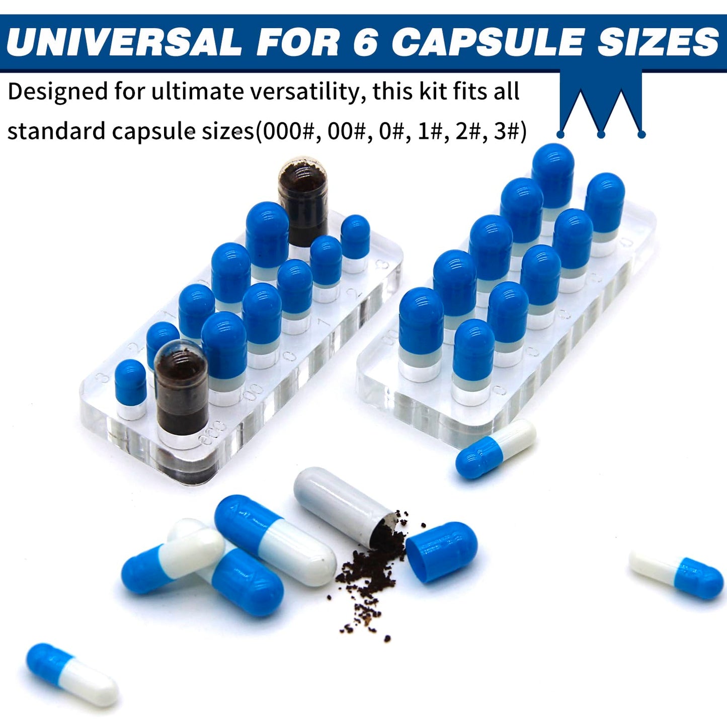 Capsules Filling Machine Tray Kit - 12Pcs Powder Tamper Capsule Holder Filler Maker Tool - Empty Gel Lab Scoops Tiny Spatula Micro Spoon Funnel Quick Fill Tools Size #000 00 0 1 2 3