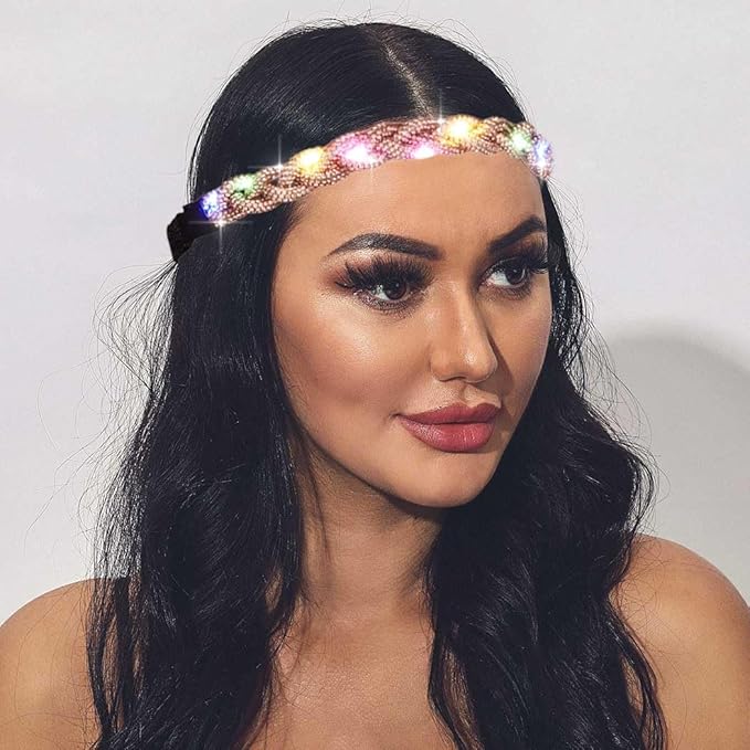 EARENT Light Up Rave Headband Gold Glow Rhinestone Hair Accessories for Women