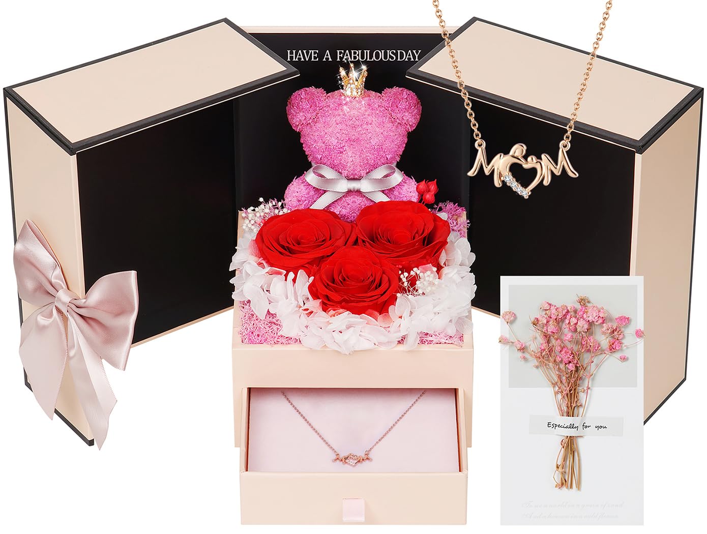 ADDWel Mom Birthday Gifts from Daughter or Son – Preserved Real Rose with Mom Necklace and Cute Moss Bear – Unique Rose Gifts for Women, Perfect for Mum, Mama, Mother on Birthday or Mother's Day