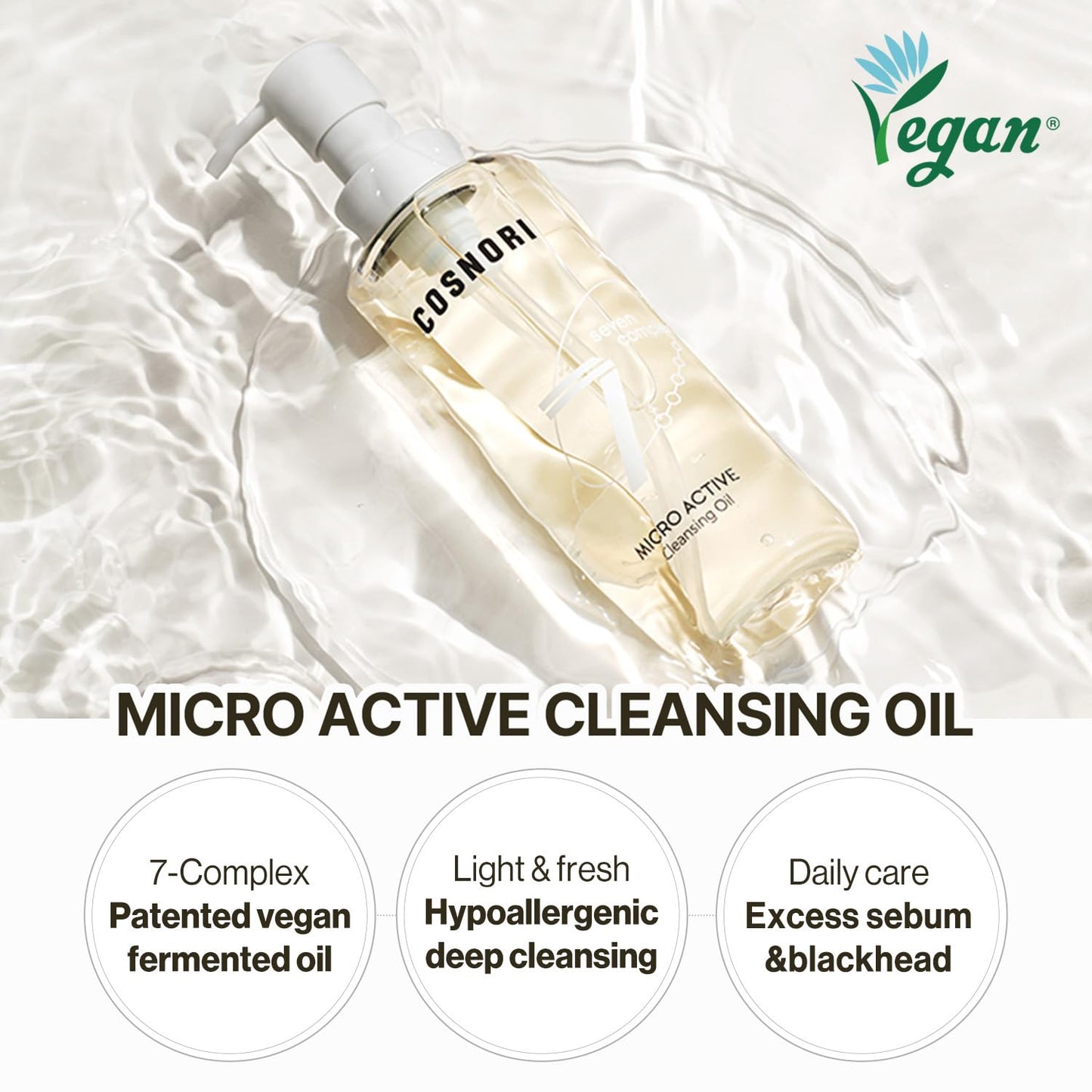 COSNORI Micro Active Cleansing Oil - Korean Vegan Facial Cleansing Oil, Fresh and Light Finish - Gentle Makeup Remover for Face,