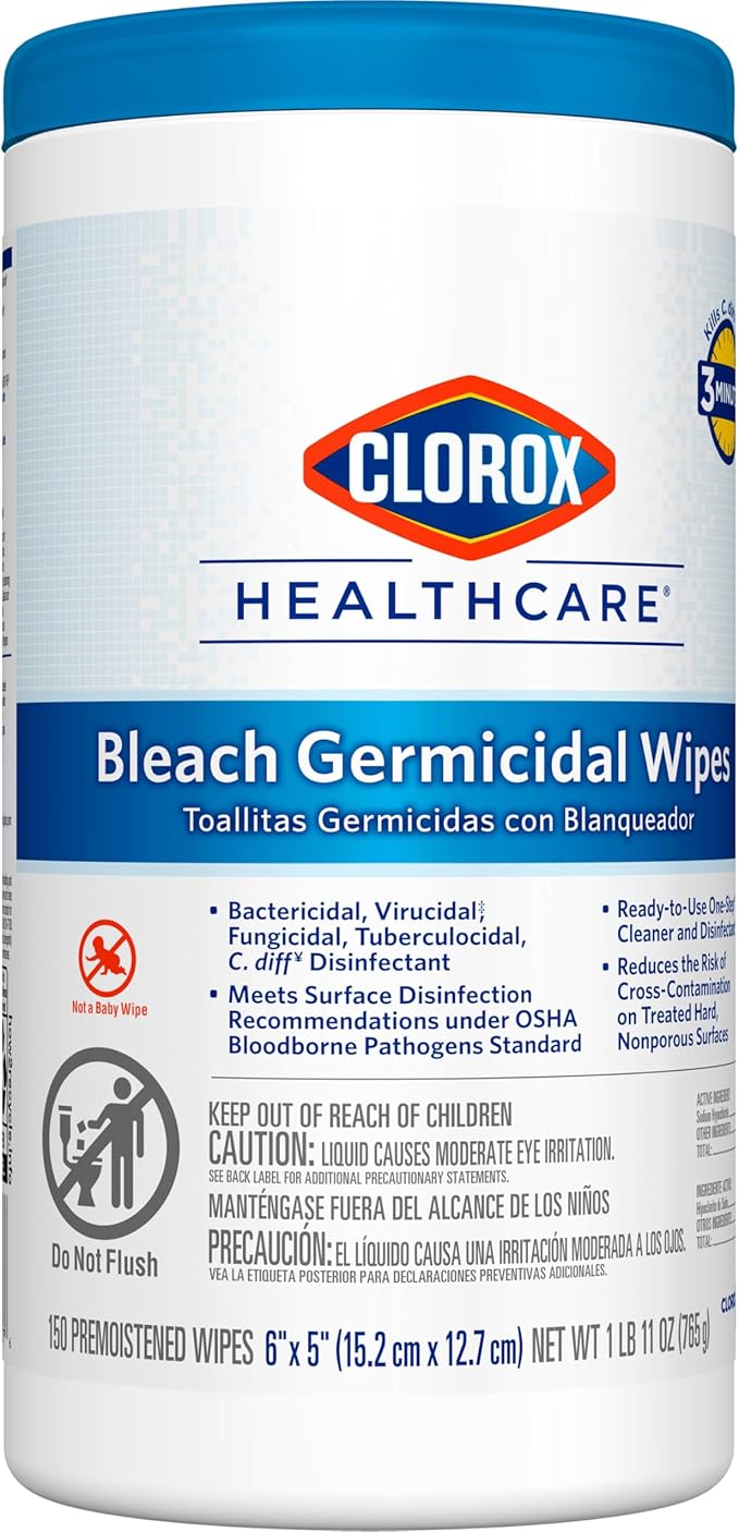Clorox Healthcare Bleach Germicidal Wipes, 6" x 5", 150 Count Canister (Package May Vary)