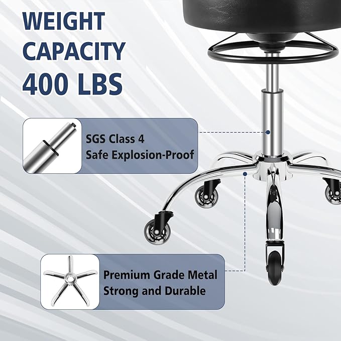 Rolling Stool with Wheels 400lbs Weight Capacity,Heavy Duty Lash Chair Adjustable for Tatoo Lab Massage Salon Spa Drafting Nail Teach,360 Swivel,Leather,Thick Seat Padding (Black)