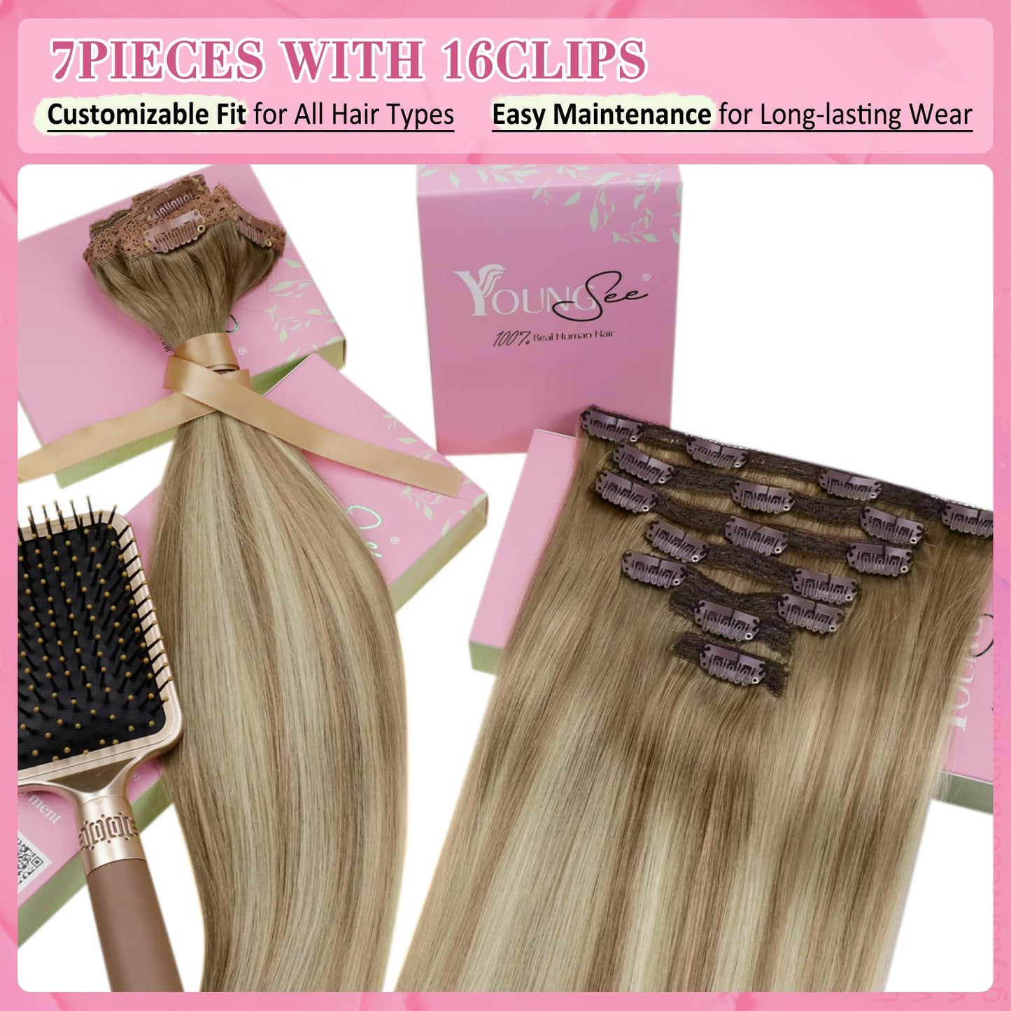 YoungSee Clip in Human Hair Extensions Balayage Straight Clip on Hair Extensions Medium Brown Fading To Brown Mix Platinum Blond
