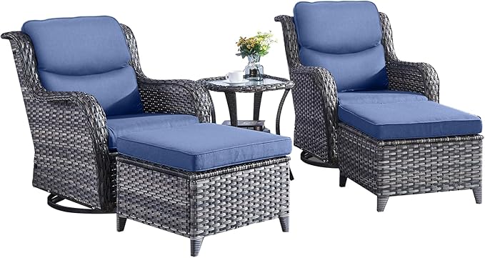 Rilyson Wicker Patio Furniture Set - 5 Piece Rattan Outdoor Sectional Conversation Sets with 2 Swivel Rocking Chairs,2 Ottomans and 1 Side Table for Porch Deck Garden(Mixed Grey/Blue/Smile)