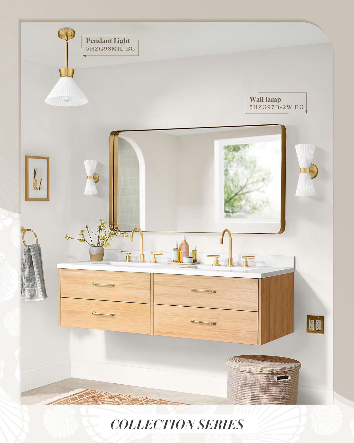Modern Wall Sconce Set of 2, HWH 2-Light Up Down Wall Light Indoor Vanity Wall Lamp, Brushed Gold Bathroom Vanity Sconce Frosted White Striped Glass Shade, 5HZG97B-2W-2PK BG