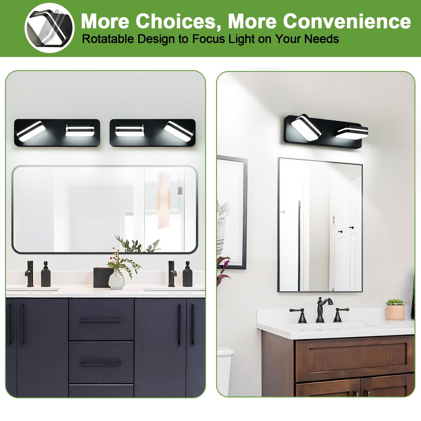 360° Rotate LED Dimmable Bathroom Vanity Light Fixtures, 1000LM Acrylic Matte Black Vanity Lights for Bathroom, Modern Wall Lighting Fixtures Over Mirror Kitchen Living (Natural White Light 5000K)