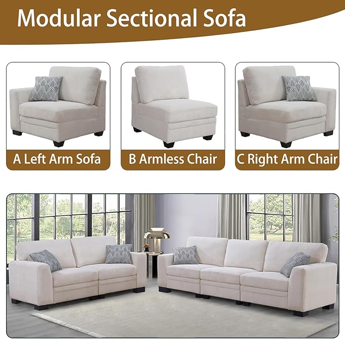 Legend Vansen Oversized Modular Sectional Sofa,5 Seat U Shaped Couch with Ottoman,Corduroy Sofa with Deep Seat,Convertible Large Sectional Couches for Living Room (Cream, 2+3)