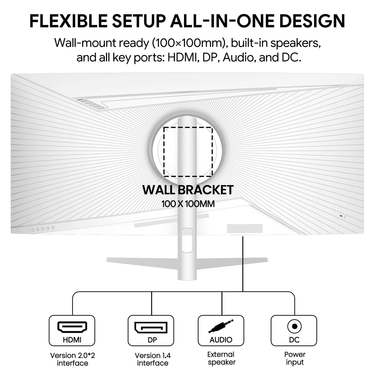 CRUA 34 Inch Ultrawide Curved Monitor, 21:9 UWQHD 3440x1440 100Hz 3800R IPS White Computer Monitors, FreeSync, Built-in Speakers, 120% sRGB, Blue Light Filter, HDMI 2.0 & DP 1.4, Wall Mountable