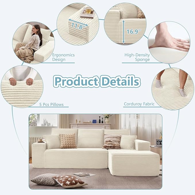 107" W Cloud Sectional Couch with L-Shape Chaise, Modern Corduroy Boneless Couch for Living Room,Memory Foam Sofa with Deep Seat,No Assembly Required (White,Right-Facing Chaise)