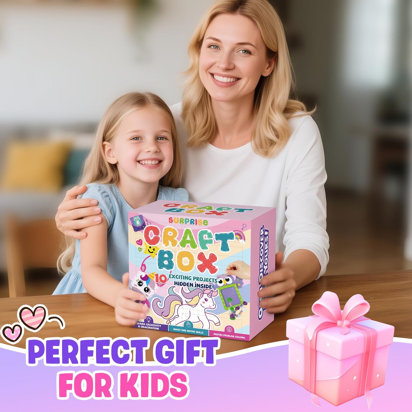 Sewing Kit for Beginner Kids, 10Pcs Unicorn Bear DIY Arts and Crafts Box, Felt Art Projects, Blind Box Craft Supplies, Learn to Sew Embroidery Kit, Birthday Gift for Girls 3 4 5 6 7 8 Years Old
