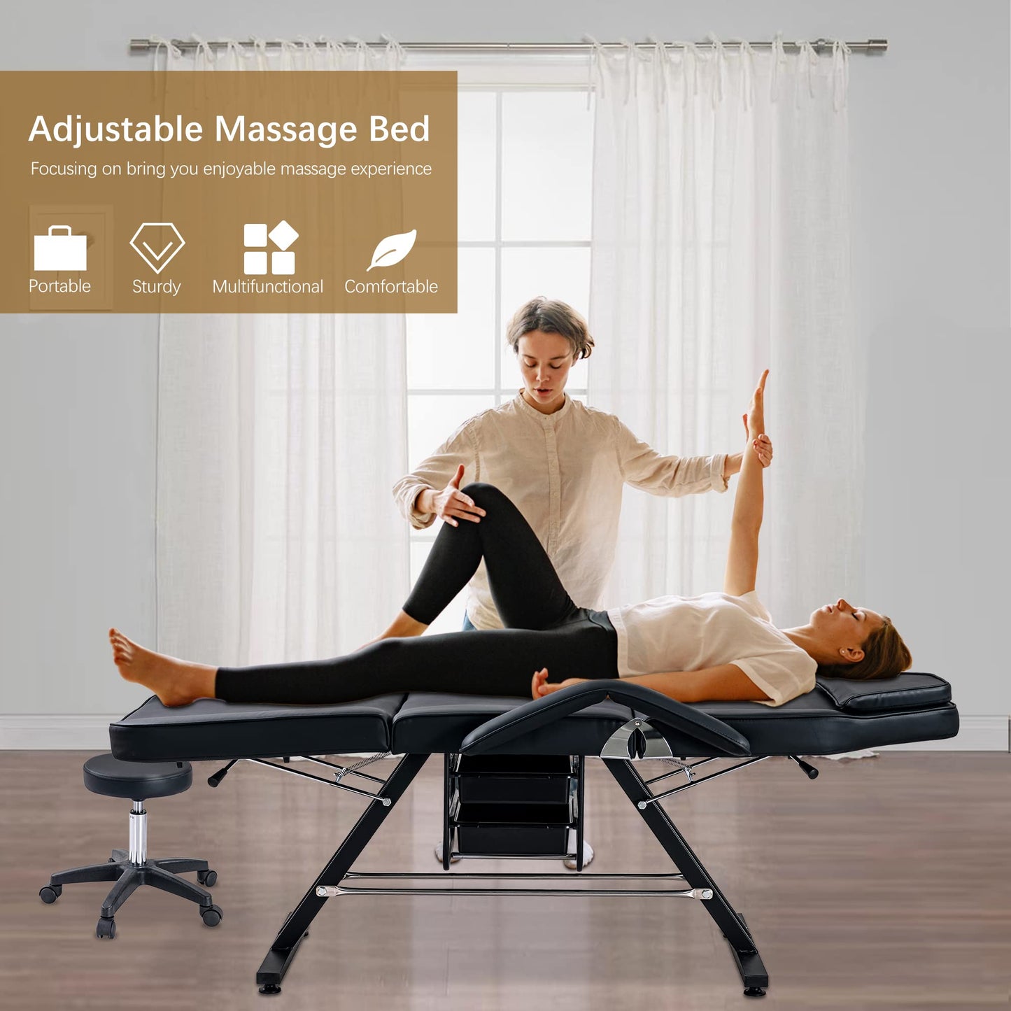 Favfurish Massage Salon Tattoo Chair,Multi-Purpose 3-Section Facial Bed Table, with Hydraulic Stool and Two Trays, Adjustable,fit for Beauty,Barber,Spa,Easy to Assemble, Faux Fur, Black