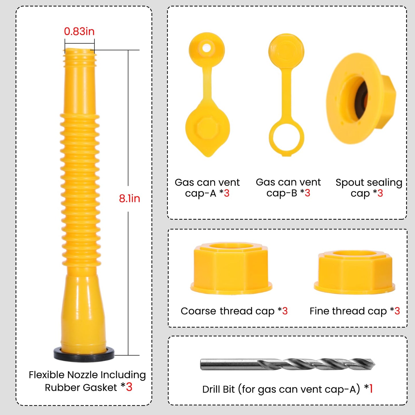 Upgraded Gas Can Spout Replacement, 3-Pack Gas Can Nozzle Leak-Proof Design, with Flexible 8.1-inch Long Spouts Easy Pour, Fuel Can Vent Caps, Drill Bit, Fit for Most 1/2/5/10 Gal Plastic Gas Cans