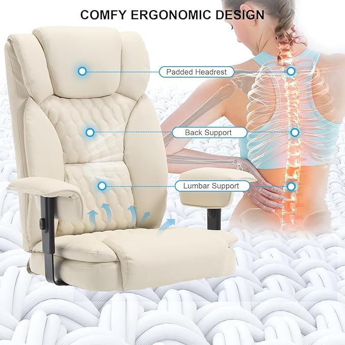 Reclining Office Chair with Footrest, 400Lb Big and Tall Office Chairs High Back Executive Computer Gaming Chairs with Wide Seat Pu Leather Recliner Home Desk Chairs for Adult,Beige