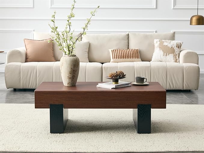 LKTART 46'' Rectangle Coffee Table for Living Room, Walnut Wood Grain Pattern Thick Sturdy Legs Coffee Table with Storage for Dining Room Apartment Small Space (Walnut Wood)