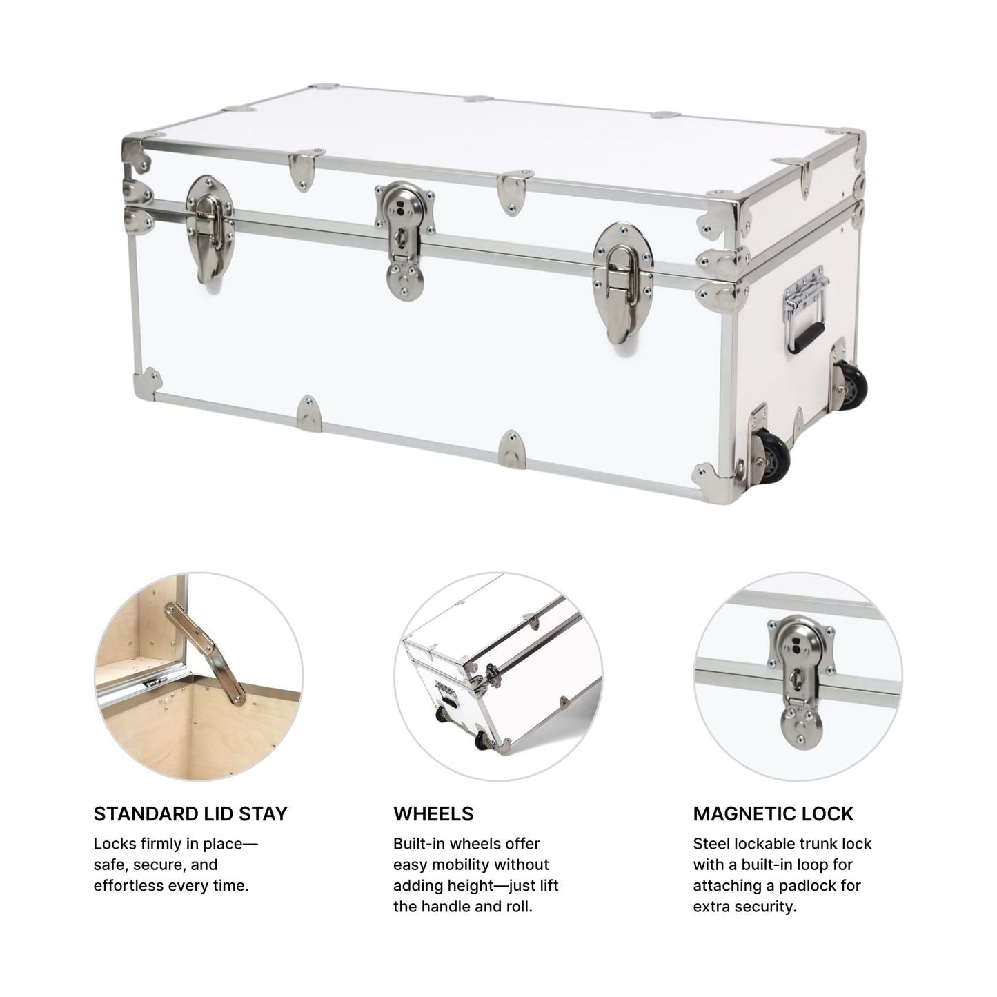 Large Essential Trunk With Wheels, Tray, & Lid Organizer - 32"x18"x14", 1000+ lbs Capacity. Strong, USA Made Summer Camp Footlocker, and Secure College Dorm Storage Chest