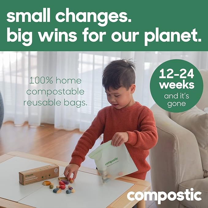 Compostic Home Compostable Resealable Gallon Bags (10.5"x10.5"), Microwave & Freezer Safe, Organic Food Storage Container, 60 Count