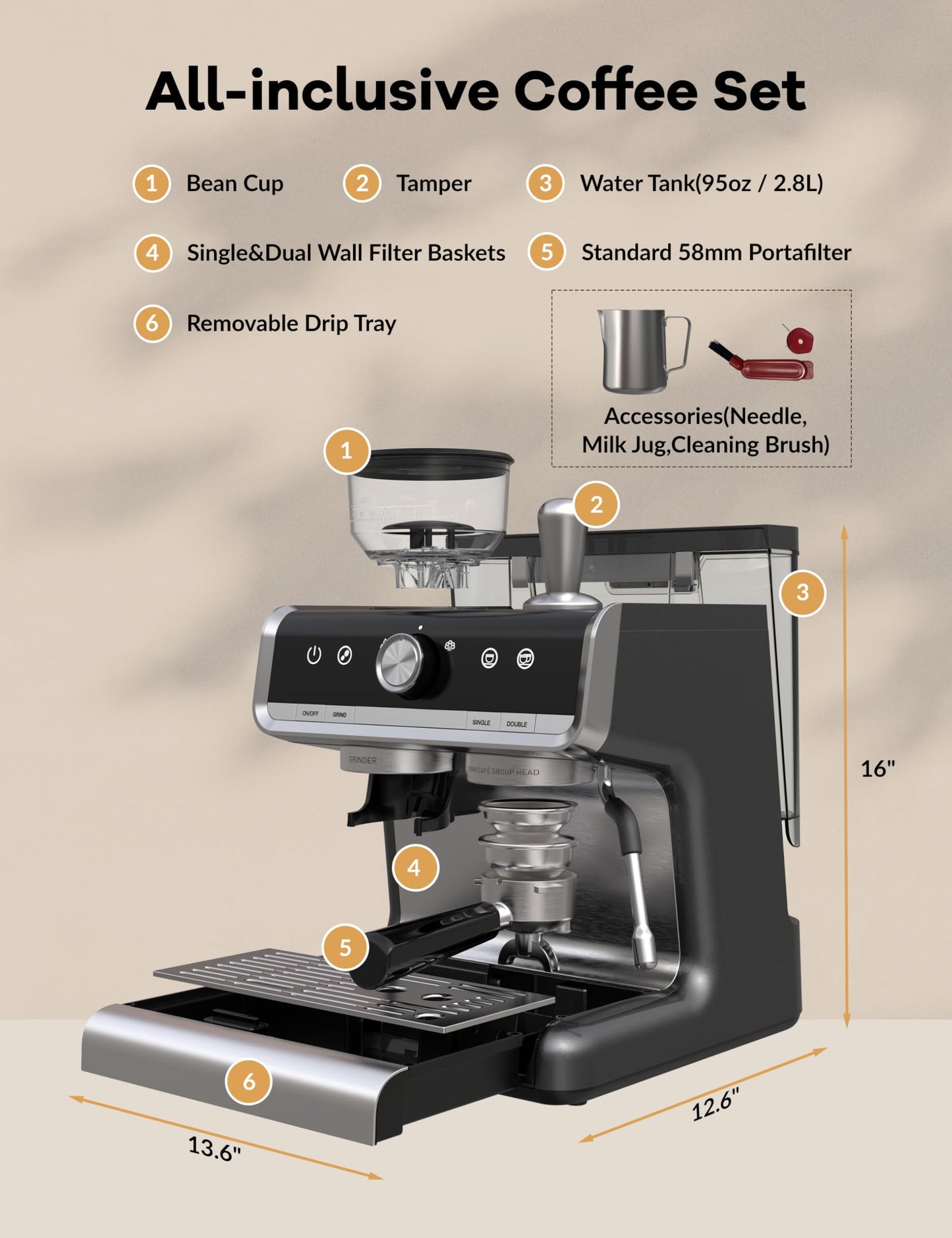 Takywep Espresso Machine, 20 Bar Semi-Automatic Espresso Coffee Maker With Grinder, Milk Frother Steamer Wand for Cappuccino, Latte, Macchiato, 95-Ounce Water Tank, PID Temperature Control,Dark Gray