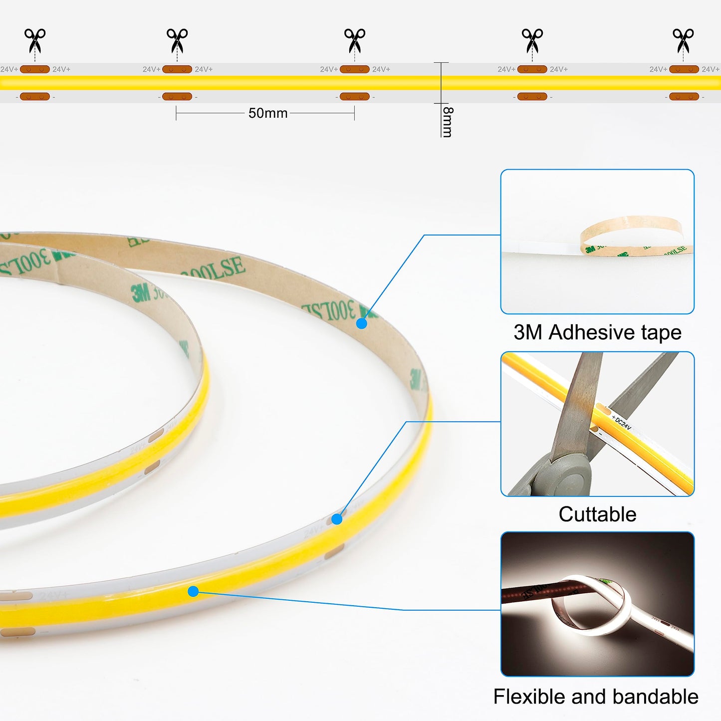 AXMOTUT COB LED Strip Light with Remote, Dimmable 16.4FT/5M Flexible High Density LED Light,4000K Natural White 2400LEDs Super Bright LED Light Strip CRI 90+ for Bedroom,Kitchen,DIY Home Decoration