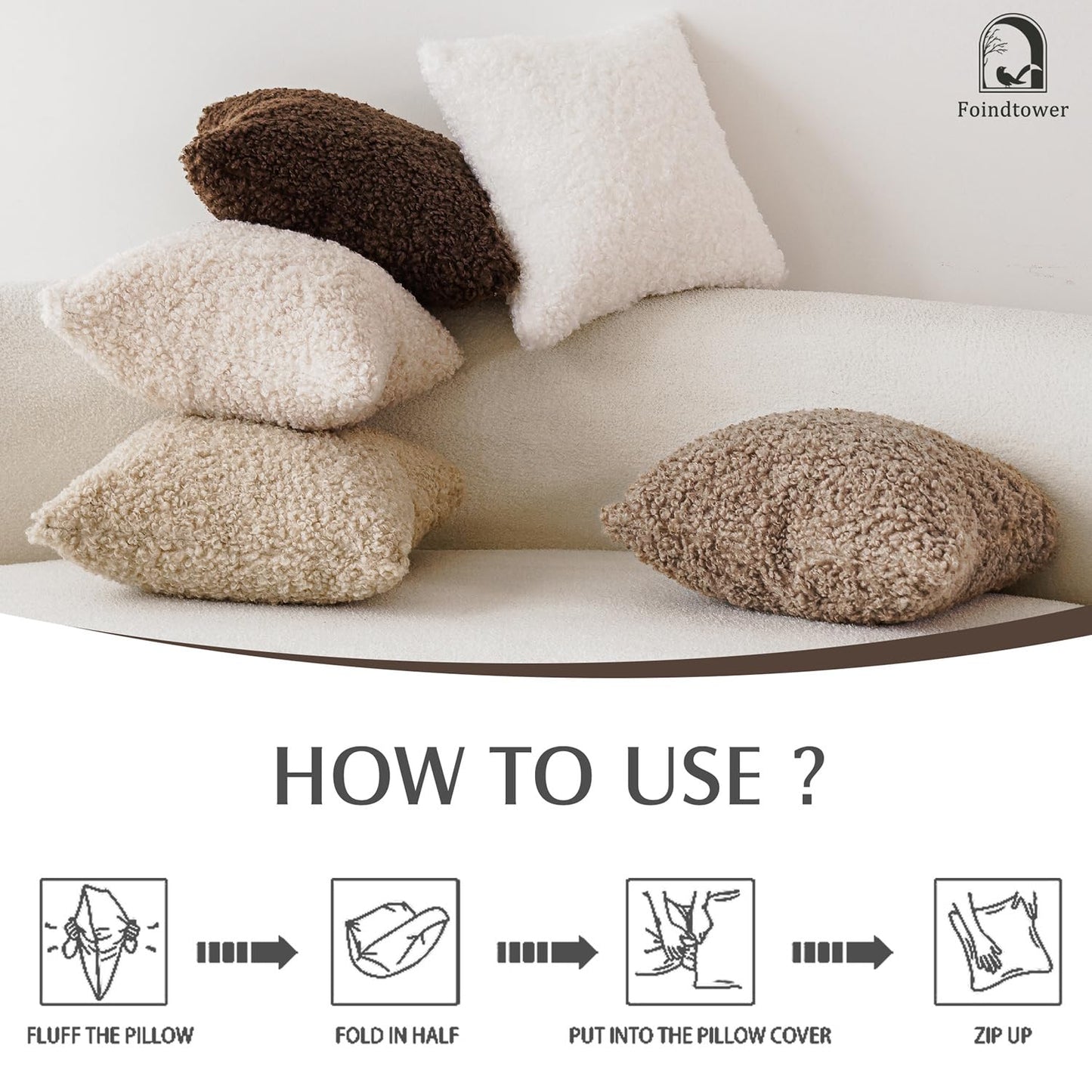 Foindtower 2 Pieces 22x22 Inch Khaki, Faux Fur Throw Pillow Cover Accent Sherpa Pillow Fuzzy Soft Pillowcases Sheepskin Decorative Fleece Cushion Case for Bed Couch Living Room