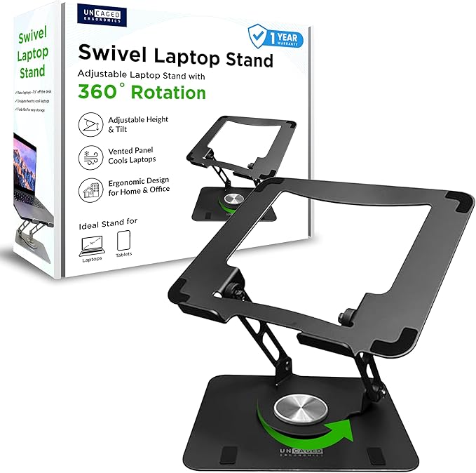 Uncaged Ergonomics Swivel Laptop Stand for Desk, Adjustable Computer iPad Stand for Desk w/ 360 Rotation, Portable Laptop ...