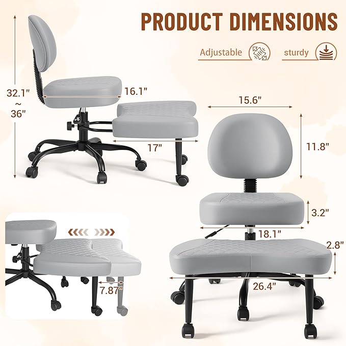 Homall Ergonomic Cross Legged Office Desk Chair with Wheels, 360° Swivel and Adjustable Height for Meditation and ADHD,Criss Cross Kneeling Chair with Lumbar Support (Leather, Grey)