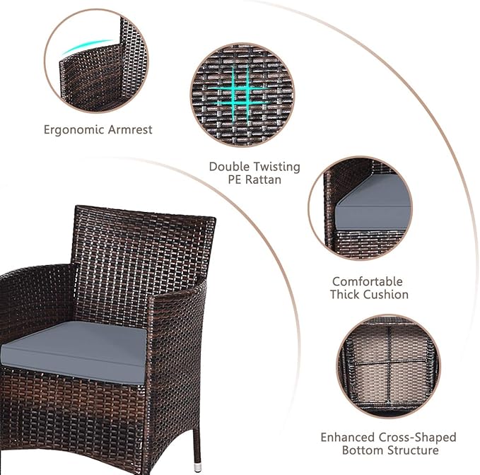 HAPPYGRILL 3-Pieces Patio Furniture Set Outdoor Wicker Rattan Conversation Set with Coffee Table Chairs & Thick Cushions Bistro Sets for Patio Garden Lawn Backyard Pool
