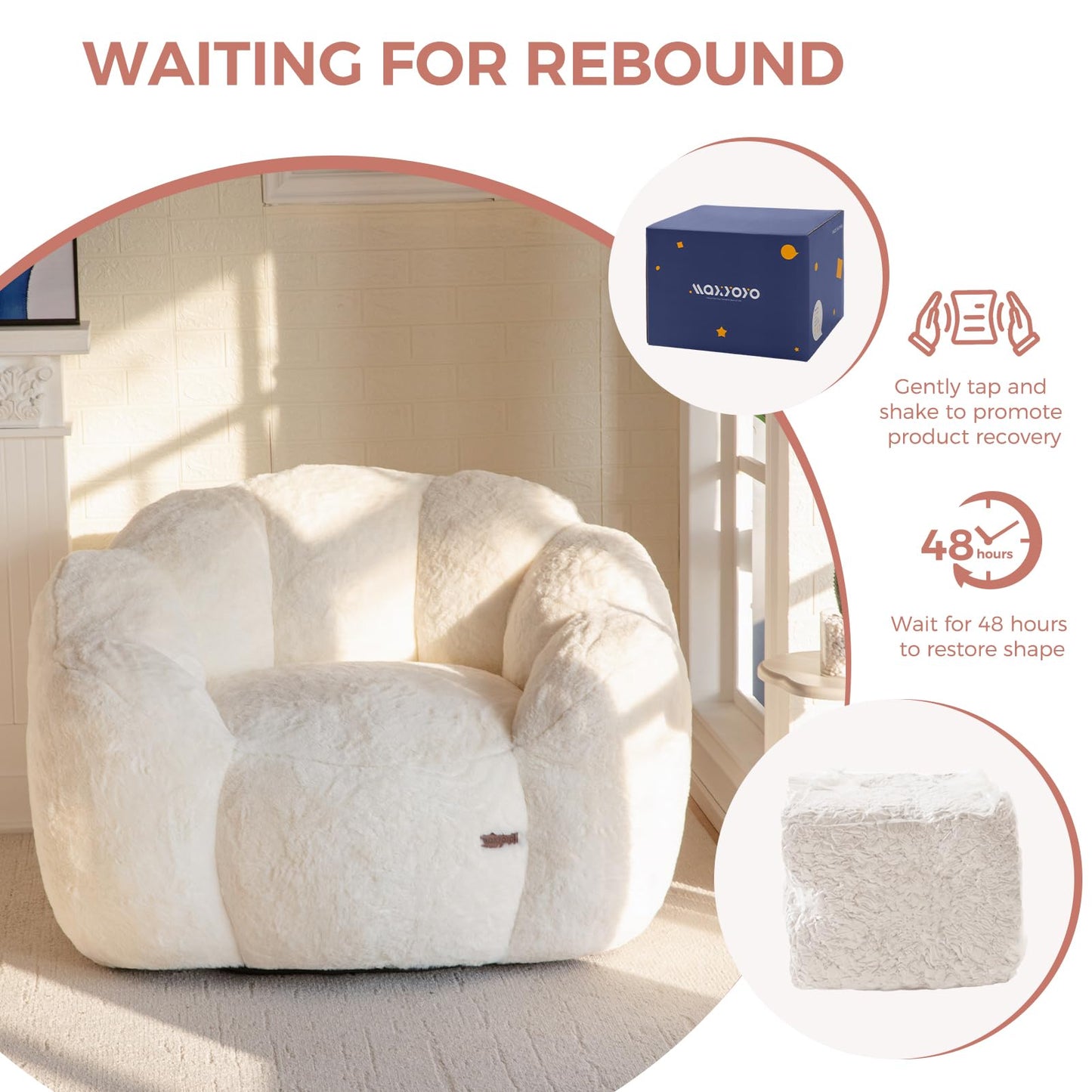MAXYOYO Bean Bag Chair for Adults, Floral Shaped Bean Bag Sofa, Ultra Soft Faux Fur Floor Sofa, Large Reading Chair for Living Room Bedroom, Beige, Single