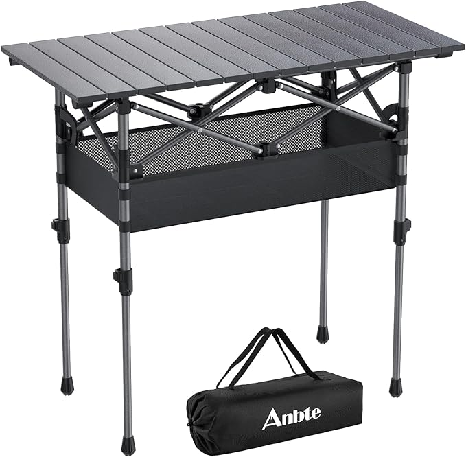 Anbte 3ft Aluminum Roll Top Camping Table, 2 Adjustable Height Camping Table Folding with Storage Net & Bag Lightweight Ro...