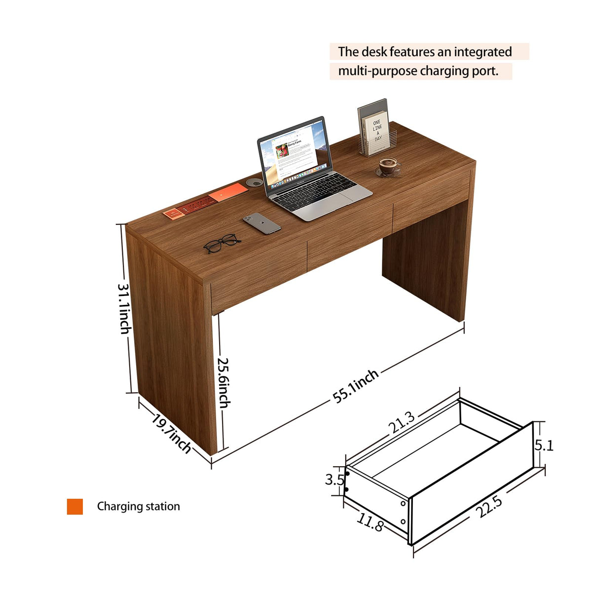 Messenya 55-Inch Office Desk with Pull-Out Outlet, Computer Desk with 3 Sturdy Drawers, Writing/Gaming/Work/Study Desk for Bedroom, Living Room & Home Office, Brow (Brown, 55)