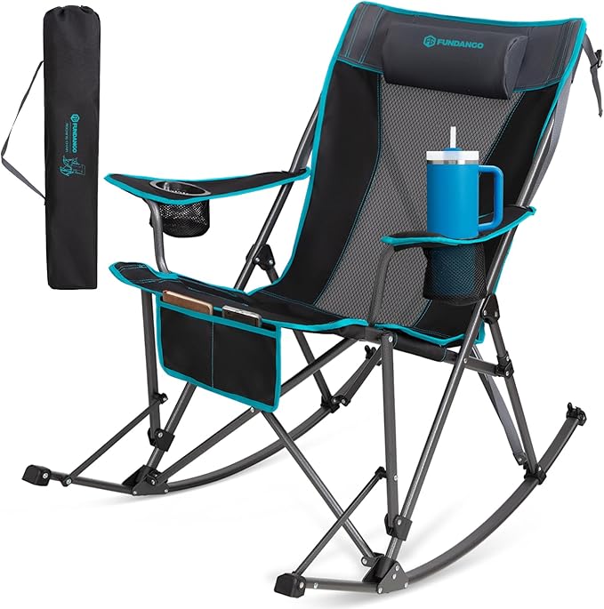 FUNDANGO Oversized Rocking Camping Chair for Adults, Portable Folding Lawn Chairs for Outside with Pillows, Wide Armrest, ...