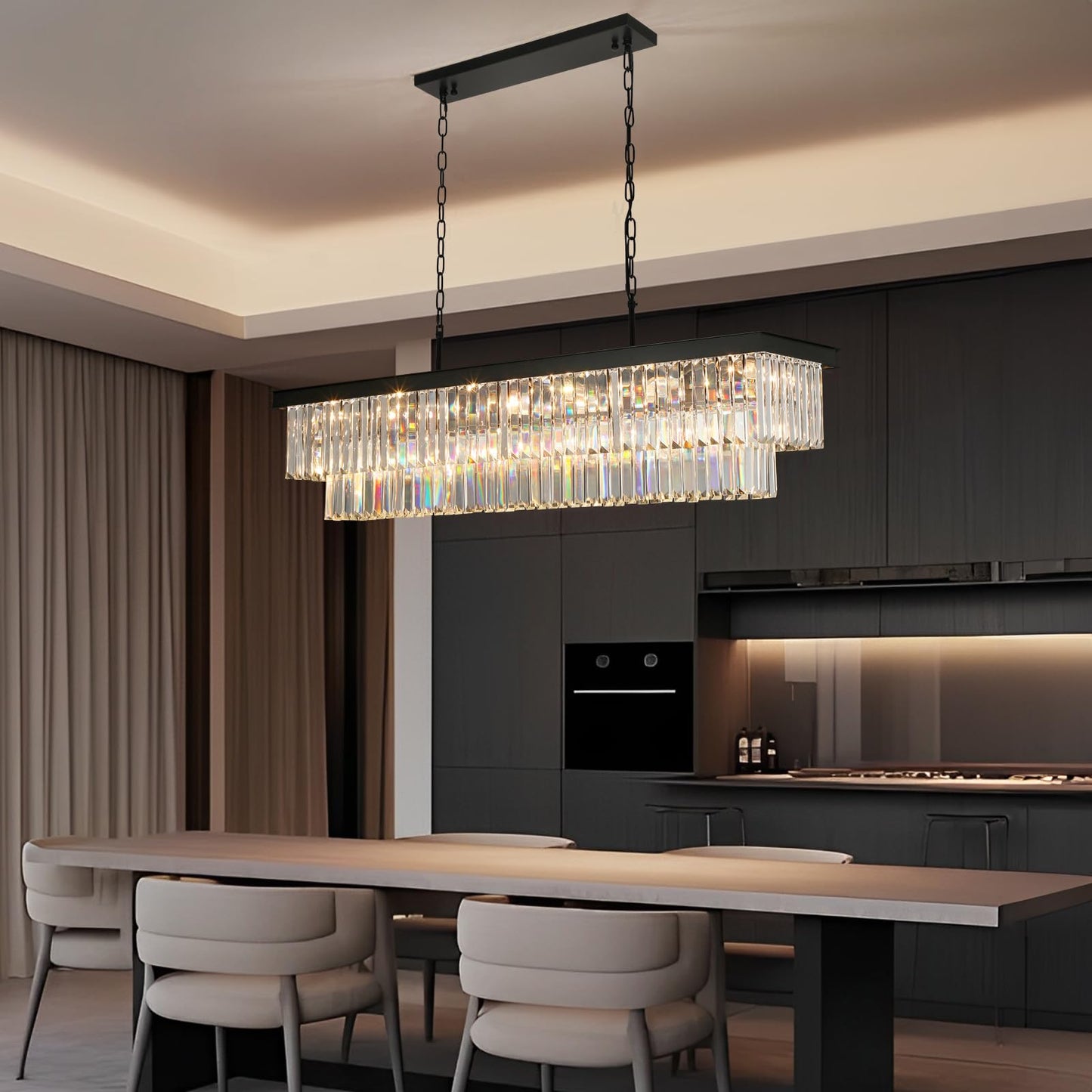 Weesalife Crystal Chandeliers for Dining Room Light Fixtures Over Table，18-Lights Black Modern Rectangle Chandeliers for Kitchen Island Bar L46 Inch