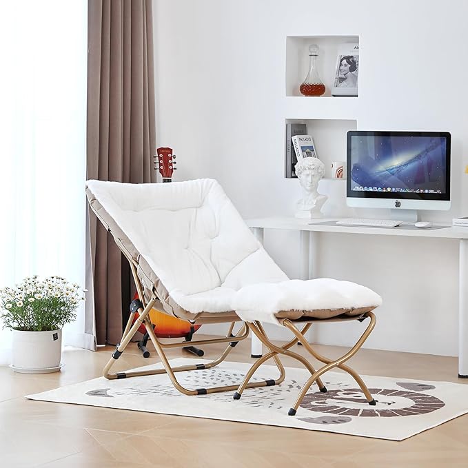 Givjoy Comfy Folded Chair with Ottoman, Oversized Folding Faux Fur Chair Soft Furry Lounge Lazy Chair with Metal Frame Moon Chair Accent Chair for Bedroom, Living Room, Dorm Rooms