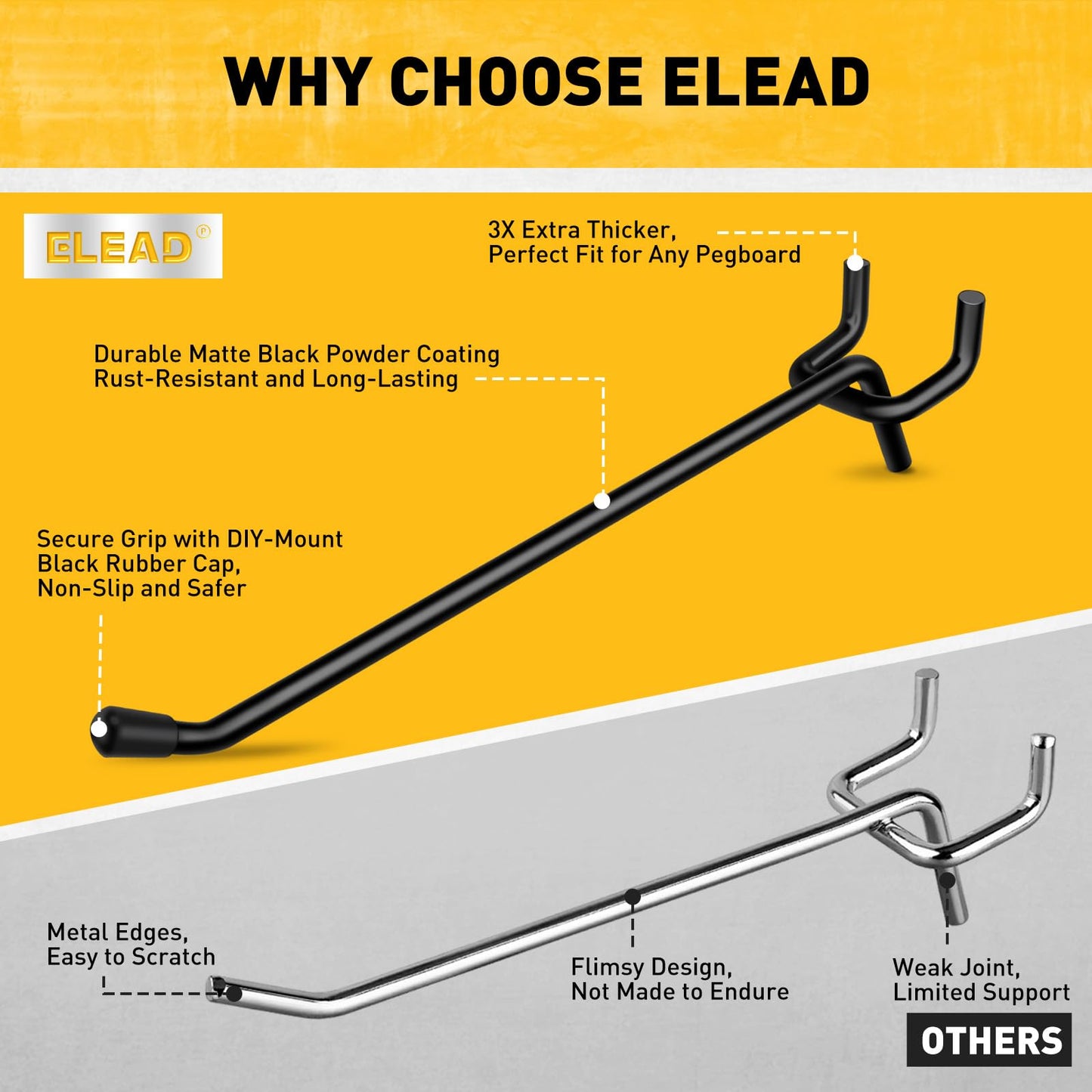 ELEAD 66-Piece 2/4/6 Inch Extra Thick Pegboard Hooks, 1/4" Heavy Duty Peg Board Organizer Accessories, Peg Board Tool Hangers Fit for 1/4" Pegboard Hanging Tools Garage, Workshop, and Craft Storage