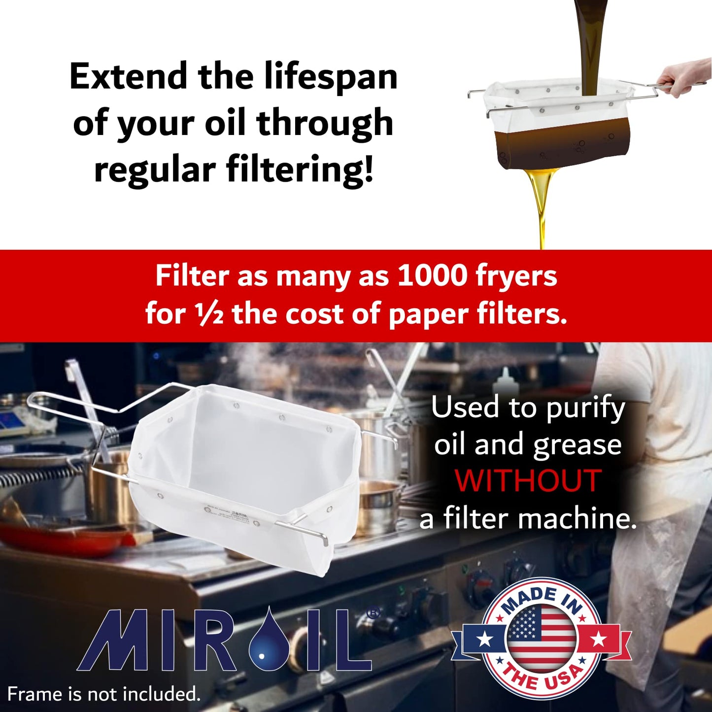 MirOil RB6PS EZ Flow Deep Fryer Oil Filter Bag – Reusable Grease Strainer to Extend Oil Life & Maintain Food Quality – Handles Hot or Cold Liquid – Deep Fryer Filter for Cooking (No Frame Included)