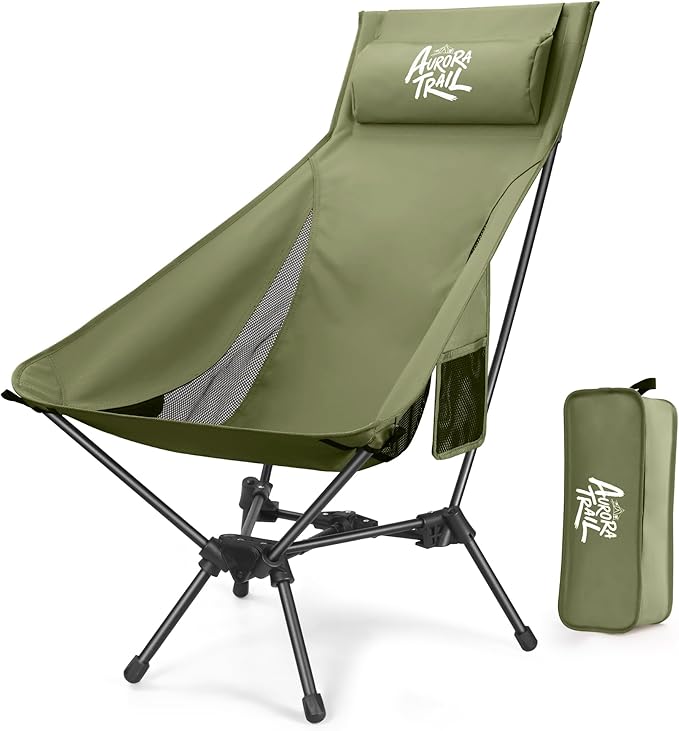 AuroraTrail High Back Folding Camping Chair with Pillow – Lightweight Portable Outdoor Chair with Cup Holder & Carry Bag, Sturdy Aluminum Frame Supports up to 374 lb for Camping, Hiking & Festivals