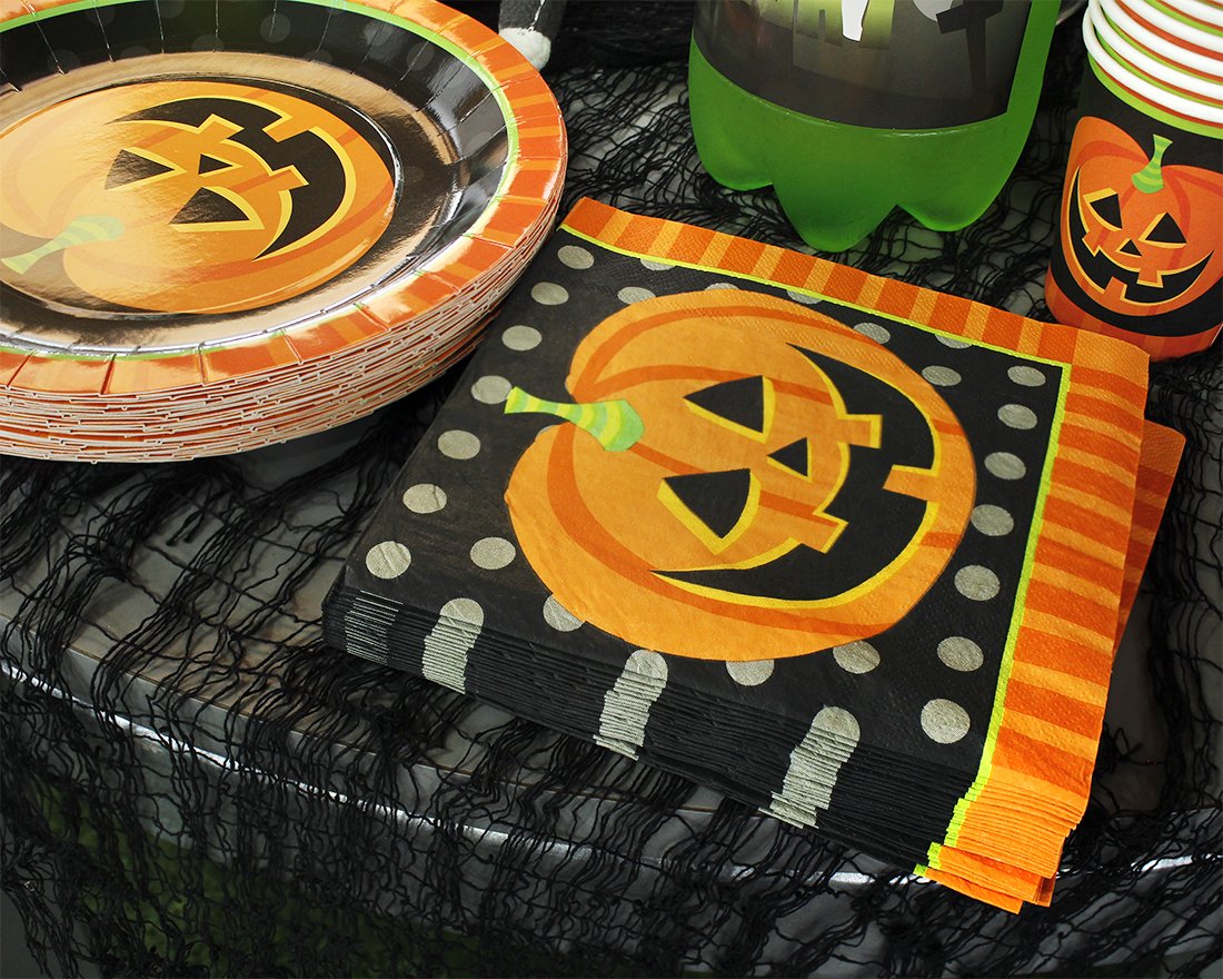 Juvale 144-Piece Halloween Plates and Napkins Party Supplies with Pumpkin Cups and Cutlery, Fun Themed Halloween Party Supplies Set for Celebrations with Friends and Family (Serves 24)
