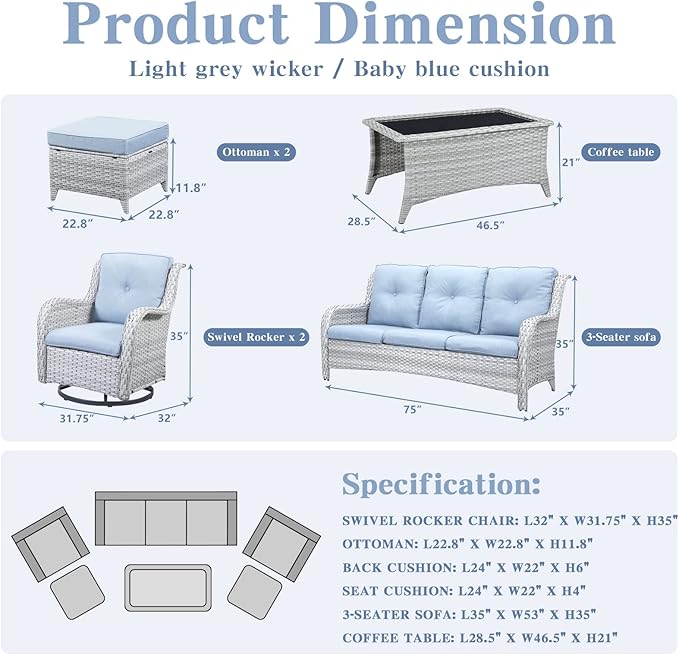 Belord Wicker Outdoor Furniture Patio Furniture Set - 6 Piece Patio Conversation Set with Swivel Rocker Chairs, Rattan Sofa, Ottomans and Coffee Table, Baby Blue Cushion
