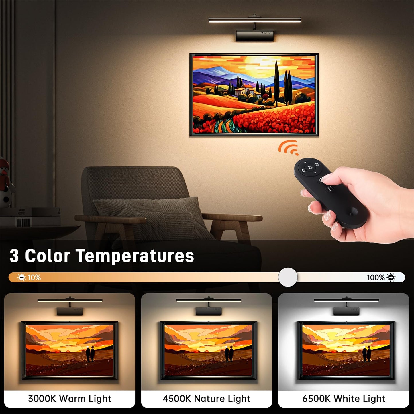 Picture Light, 15.35inch Wireless Picture Lights for Wall Rechargeable, 5400mAh Battery Wall Light with Remote, 3 Color Art Lighting for Paintings with Timer and Dimmable Artwork Display (Black-2PCS)