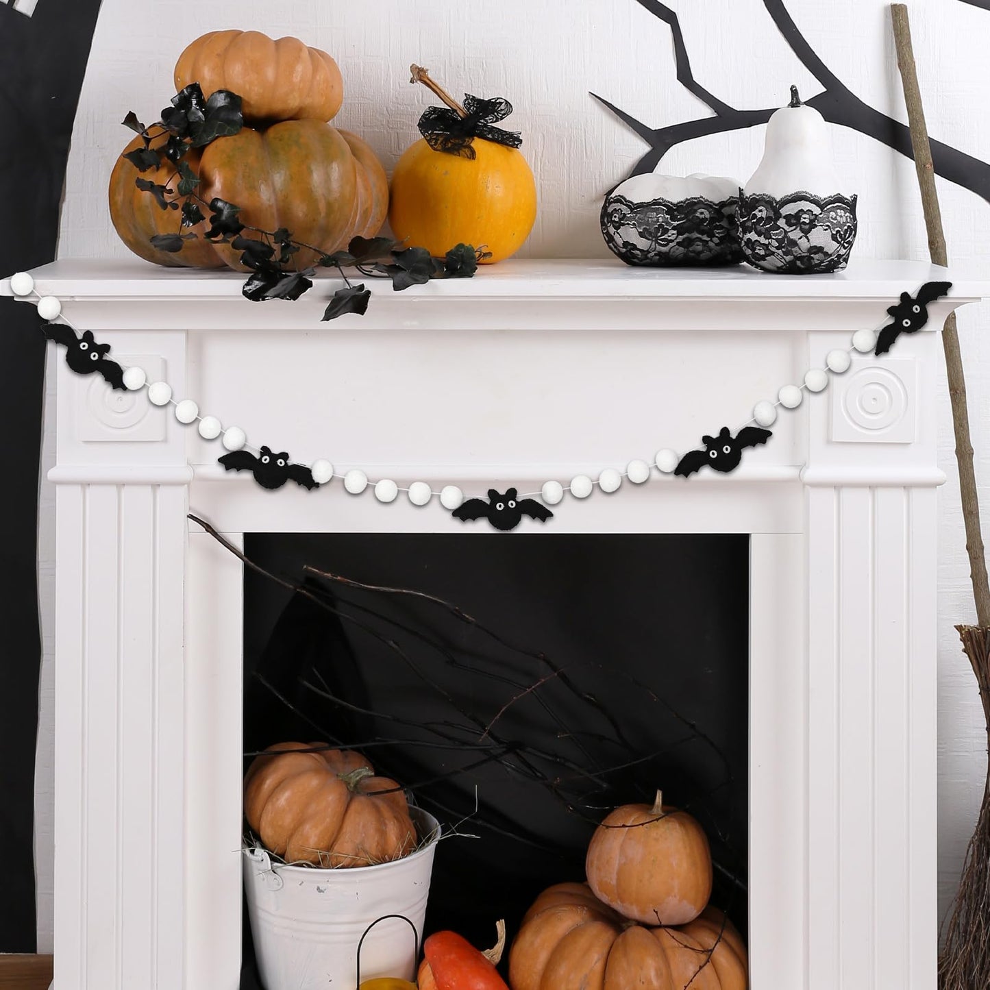 AnyDesign 8.2Ft Felt Garland with 3D Black Bats, White Pom Pom Balls - Halloween Banner for Home Decoration