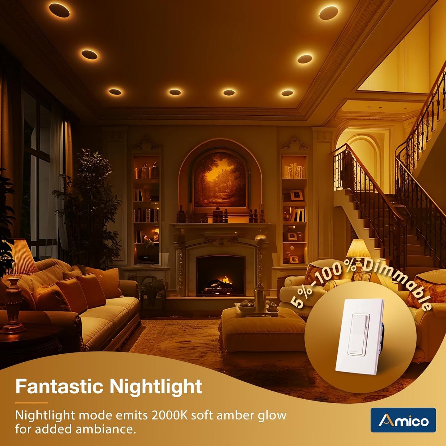 Amico 1 Pack 6 Inch 5CCT Ultra-Thin LED Recessed Ceiling Light with Night Light, 2700K/3000K/3500K/4000K/5000K Selectable, 12W Eqv 110W, Dimmable Canless Wafer Downlight, for 6/12 Pack