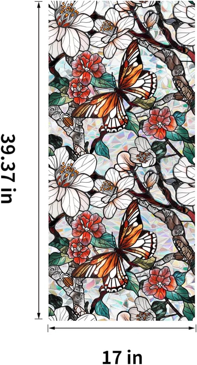 Stained Glass Window Film UV Resistant Window Privacy Film Butterfly Floral Privacy Rainbow Decals Living Room Bedroom Sun Blocking Decor Removable Static Cling Stickers 17 x 39.37 Inch