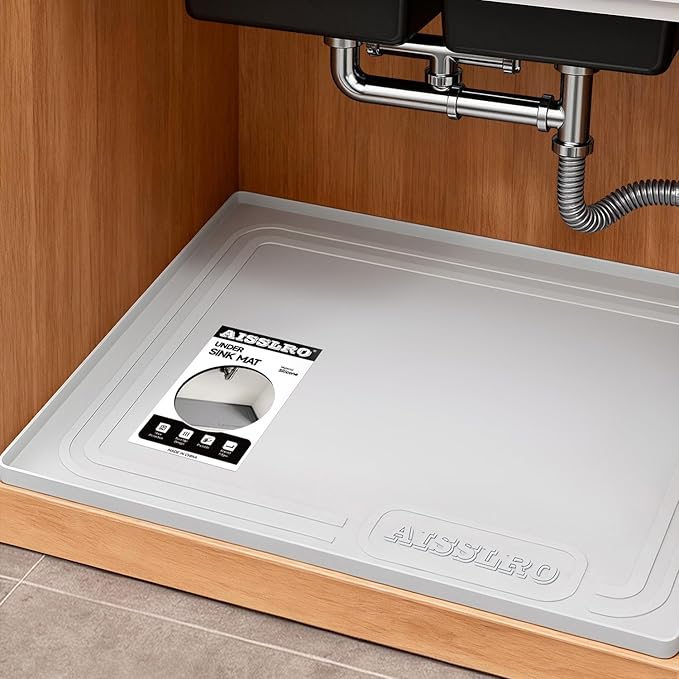 Under Sink Mat 22" X 19", Waterproof Silicone Under Sink Mats for Kitchen, Anti-Leak Shelf Liner & Cabinet Protector with Raised Edge, [BPA Free] Bathroom Tray Home Organizer, Light Grey