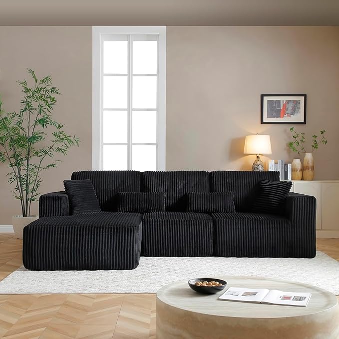 Vanress 110" Cloud Couch Sectional, Corduroy Boneless Couch with L-Shape Chaise,Modern Modular Sectional Sofa Comfy Deep Seat for Living Room, Bedroom, No Assembly (Black, Left Facing Chaise)