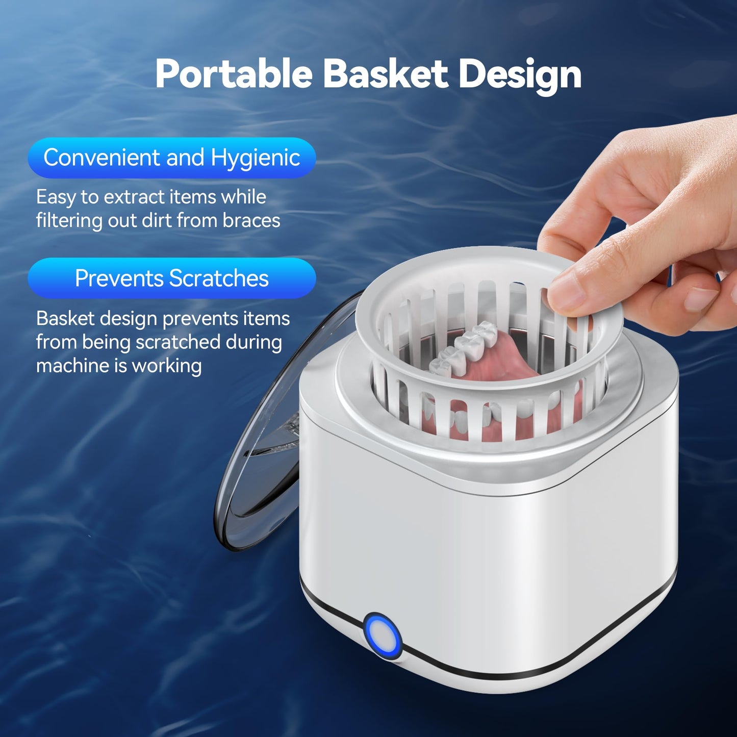 Miorcols Ultrasonic Retainer Cleaner, 48kHz Retainer Cleaner Machine for Dentures, Mouthguard, Braces, Night Guard, Toothbrush, Jewelry with 7.8OZ Dental Cleaning Pod-Cool White