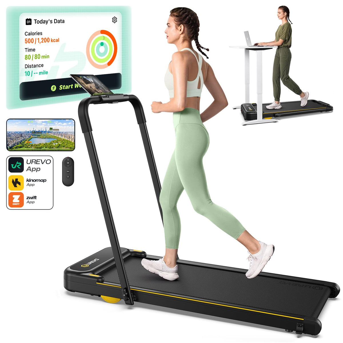 UREVO Smart 2-in-1 Folding Treadmill, Compact Walking Pad with Safety Handle, Plug and Play, Dual LED Display, Workout APP, Walking or Running for Home Office, Remote Included
